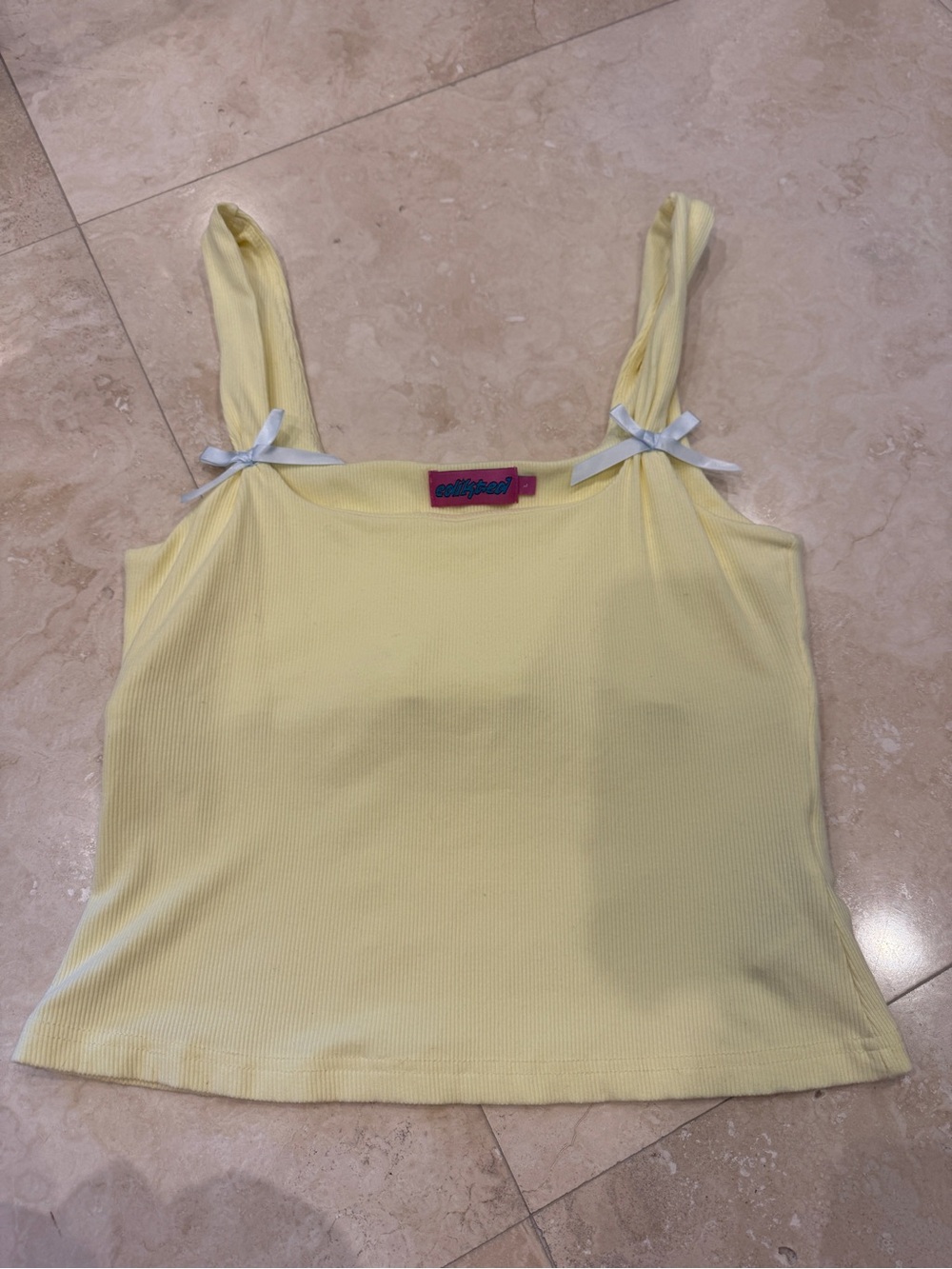Edikted Pale Yellow Ribbed Tank with Bow Straps